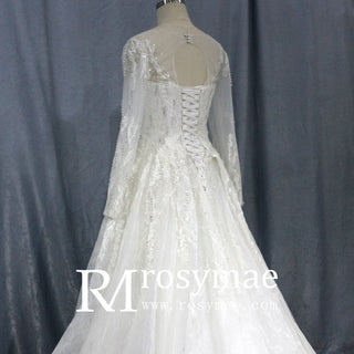 Luxurious Lace Illusion Long Sleeve Ball Gown Wedding Dress - Rosymae