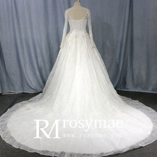 Luxurious Lace Illusion Long Sleeve Ball Gown Wedding Dress - Rosymae