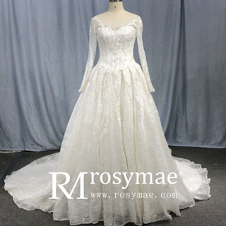 Luxurious Lace Illusion Long Sleeve Ball Gown Wedding Dress - Rosymae