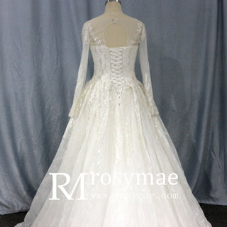 Luxurious Lace Illusion Long Sleeve Ball Gown Wedding Dress - Rosymae