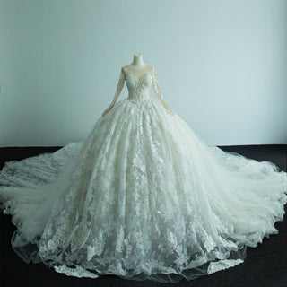 Floral Lace Ball Gown Puffy Skirt Wedding Dress with Long Sleeve