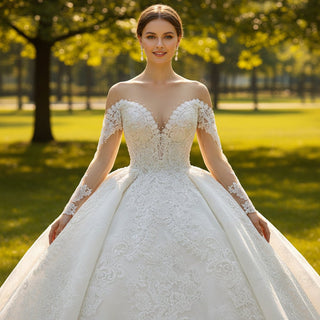 Luxury Long Sleeve Puff Ballgown Wedding Dress with Big train - Rosymae