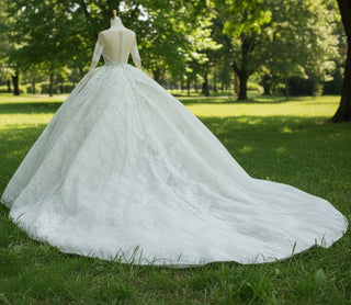 Luxury Long Sleeve Puff Ballgown Wedding Dress with Big train - Rosymae