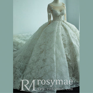 Long Sleeve Lace Ball Gown Wedding Dresses with Puffy Skirt
