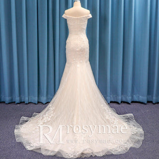 Luxury Off the Shoulder Mermaid Lace Wedding Dress with V-neck - Rosymae