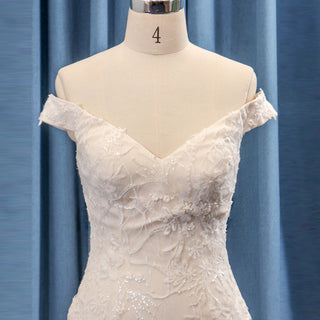 Luxury Off the Shoulder Mermaid Lace Wedding Dress with V-neck - Rosymae