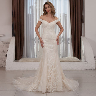Luxury Off the Shoulder Mermaid Lace Wedding Dress with V-neck - Rosymae