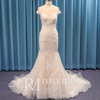 Luxury Off the Shoulder Mermaid Lace Wedding Dress with V-neck - Rosymae