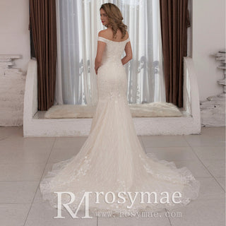 Luxury Off the Shoulder Mermaid Lace Wedding Dress with V-neck - Rosymae