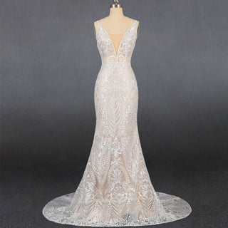 Luxury Plunging Neck Tank Straps Lace Mermaid Wedding Dress - Rosymae