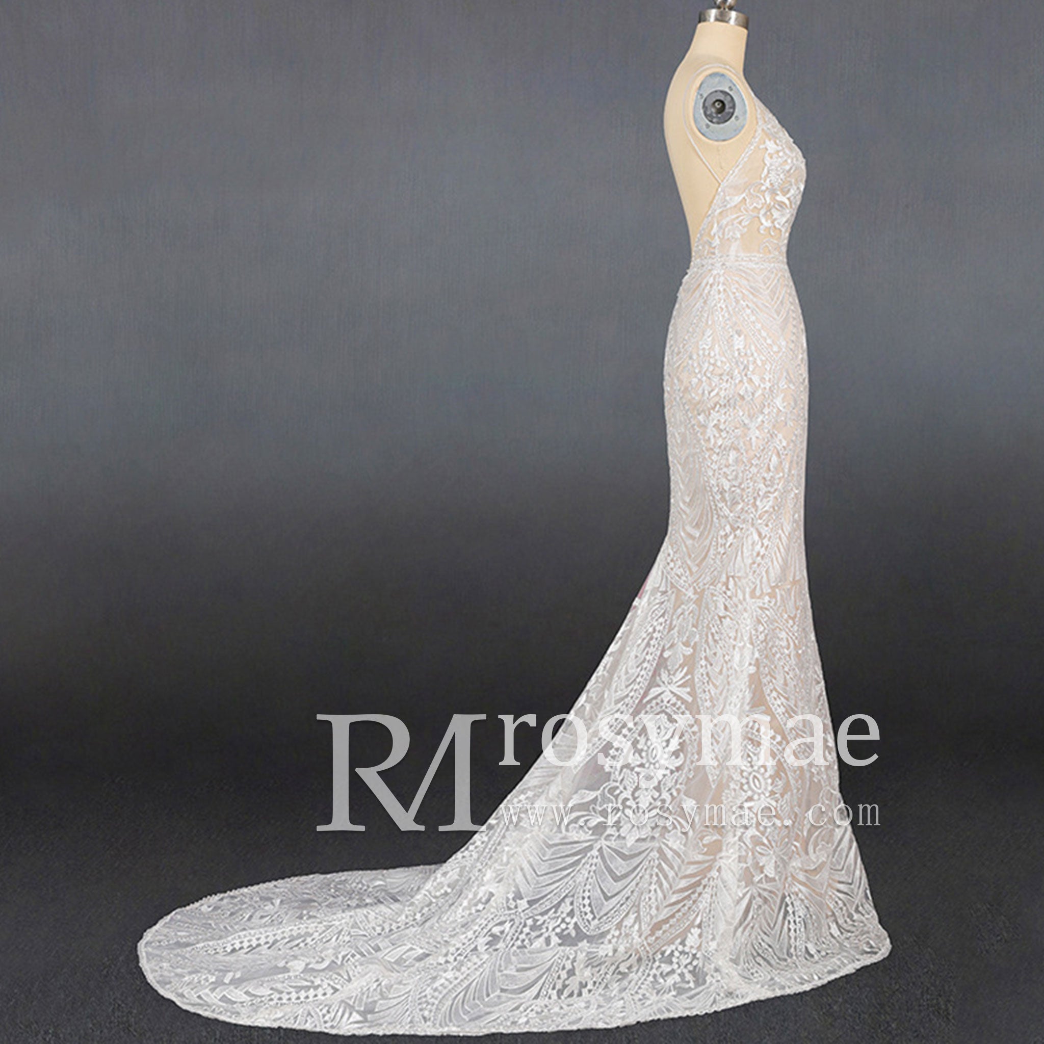 Luxury Plunging Neck Tank Straps Lace Mermaid Wedding Dress - Rosymae
