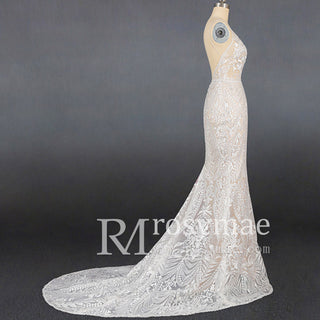 Luxury Plunging Neck Tank Straps Lace Mermaid Wedding Dress - Rosymae