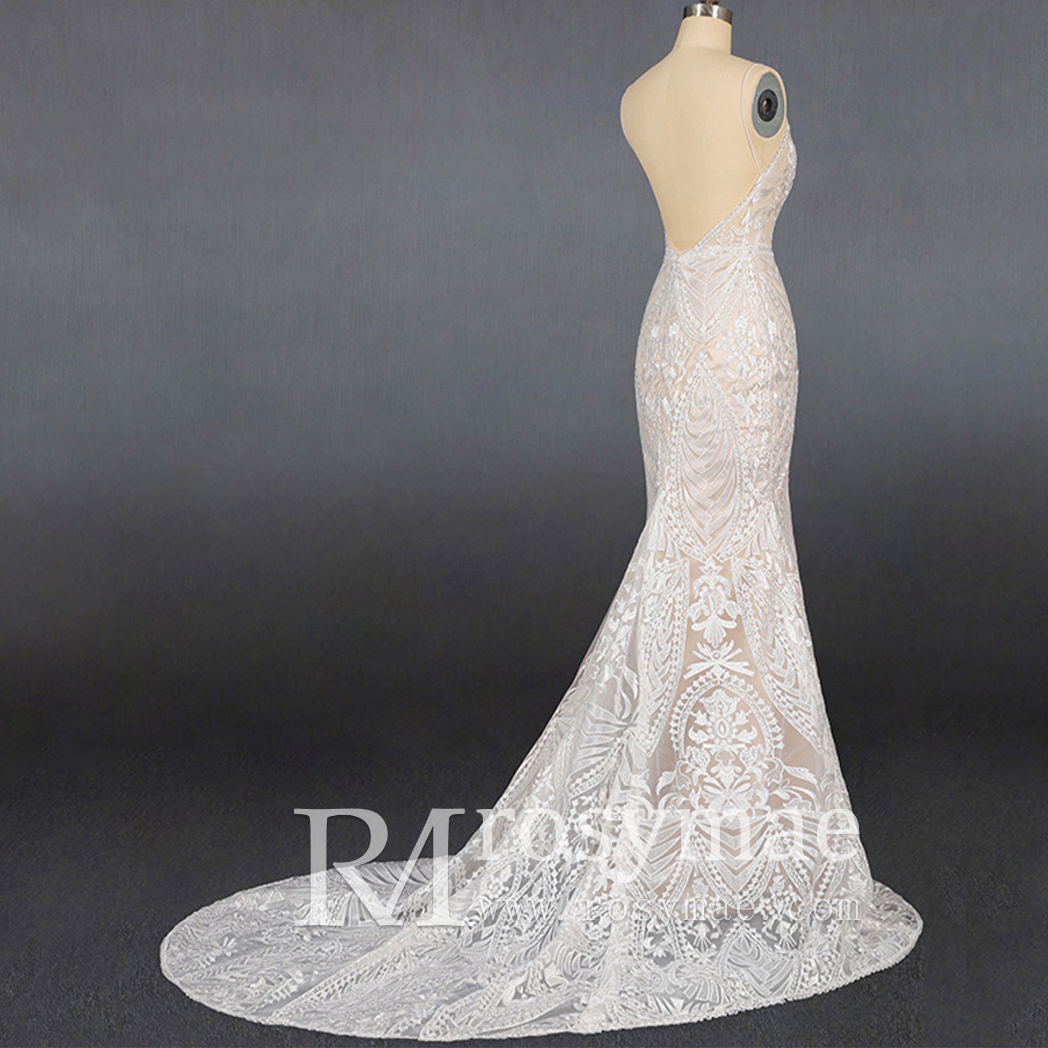 Luxury Plunging Neck Tank Straps Lace Mermaid Wedding Dress - Rosymae