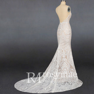 Luxury Plunging Neck Tank Straps Lace Mermaid Wedding Dress - Rosymae