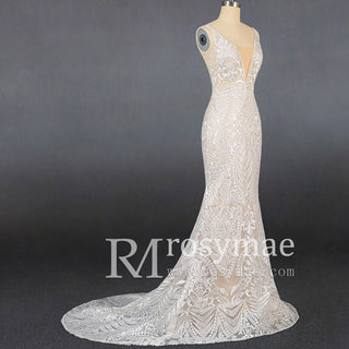 Luxury Plunging Neck Tank Straps Lace Mermaid Wedding Dress - Rosymae