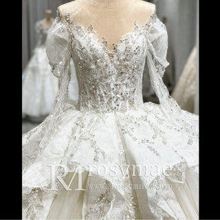 Luxury Sheer Long Sleeve Ball Gown Wedding Dresses for Bride
