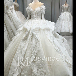 Luxury Sheer Long Sleeve Ball Gown Wedding Dresses for Bride