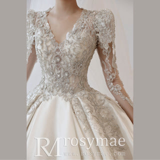 Long Puffy Sleeve Ball Gown Wedding Dress with Keyhole and Train