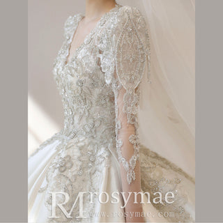 Long Puffy Sleeve Ball Gown Wedding Dress with Keyhole and Train
