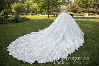Luxury Sparkly Puffy Long Sleeve Wedding Dress with Big Skirt - Rosymae