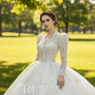 Luxury Sparkly Puffy Long Sleeve Wedding Dress with Big Skirt - Rosymae