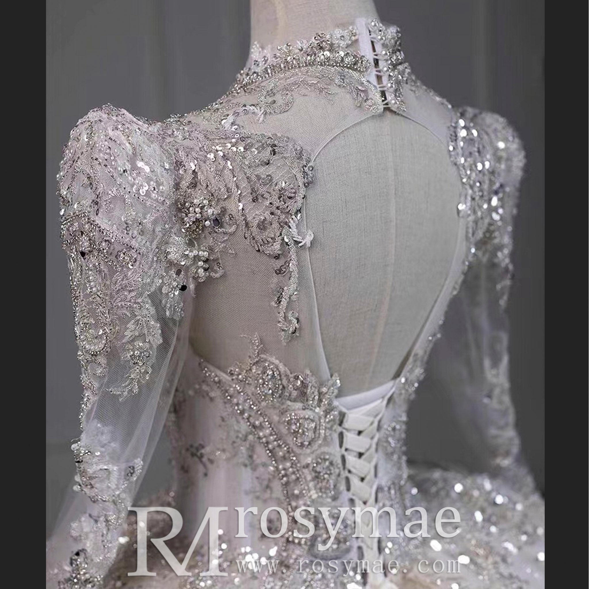 Luxury Sparkly Puffy Long Sleeve Wedding Dress with Big Skirt - Rosymae