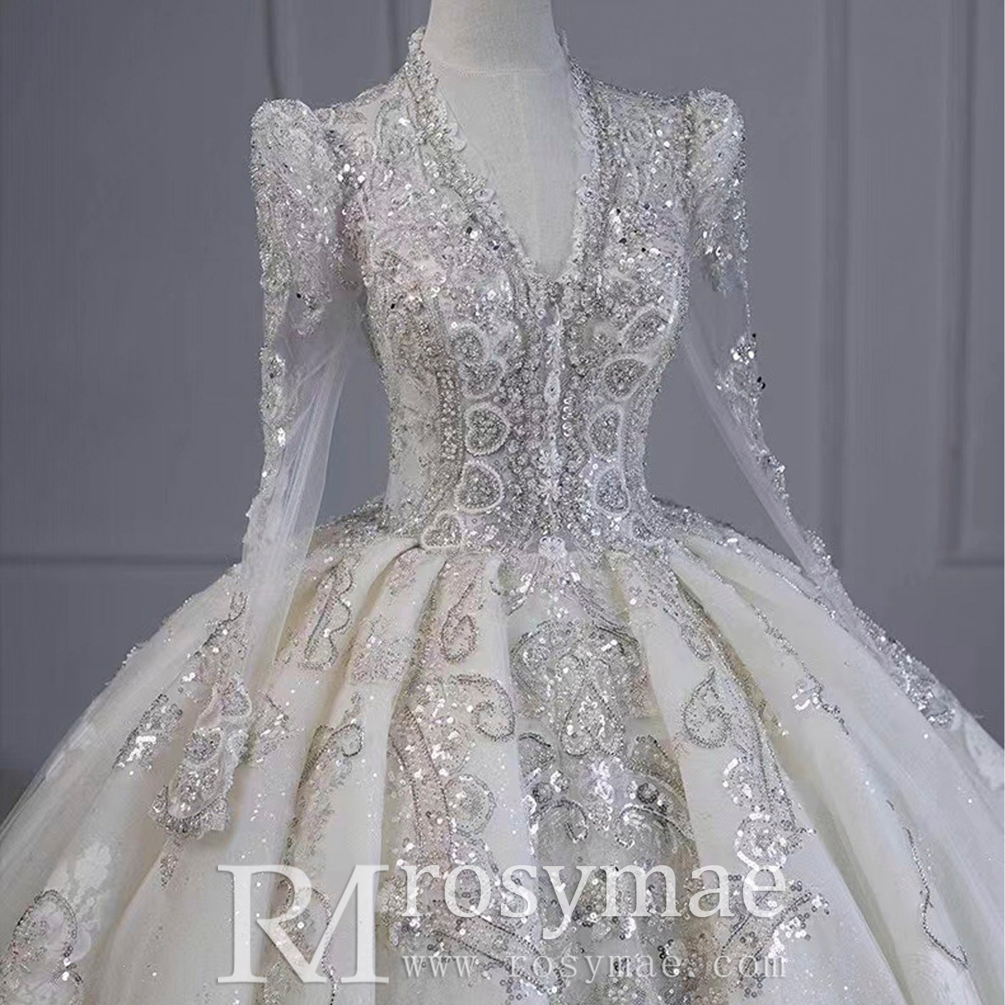Luxury Sparkly Puffy Long Sleeve Wedding Dress with Big Skirt - Rosymae