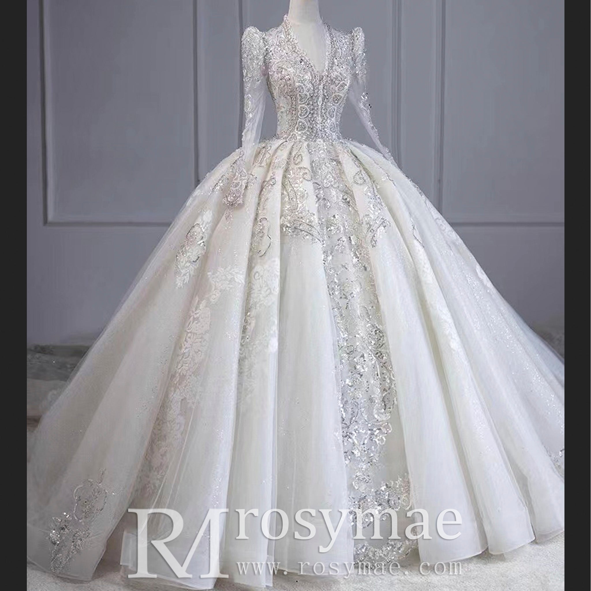 Luxury Sparkly Puffy Long Sleeve Wedding Dress with Big Skirt - Rosymae
