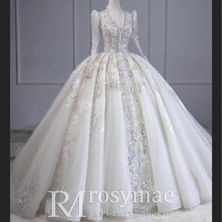 Luxury Sparkly Puffy Long Sleeve Wedding Dress with Big Skirt - Rosymae