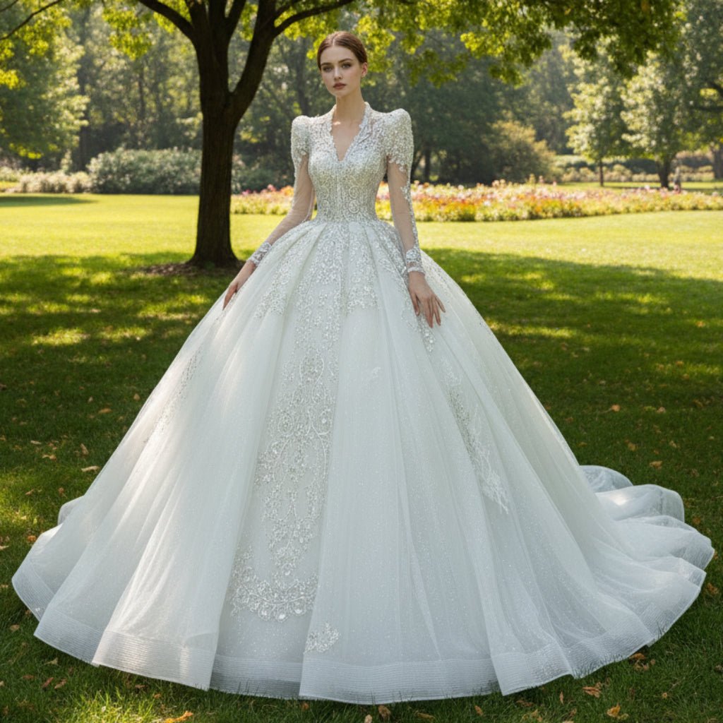 Luxury Sparkly Puffy Long Sleeve Wedding Dress with Big Skirt - Rosymae