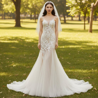 Mermaid Floral Lace Tulle Wedding Dress with Narrow Straps - Rosymae