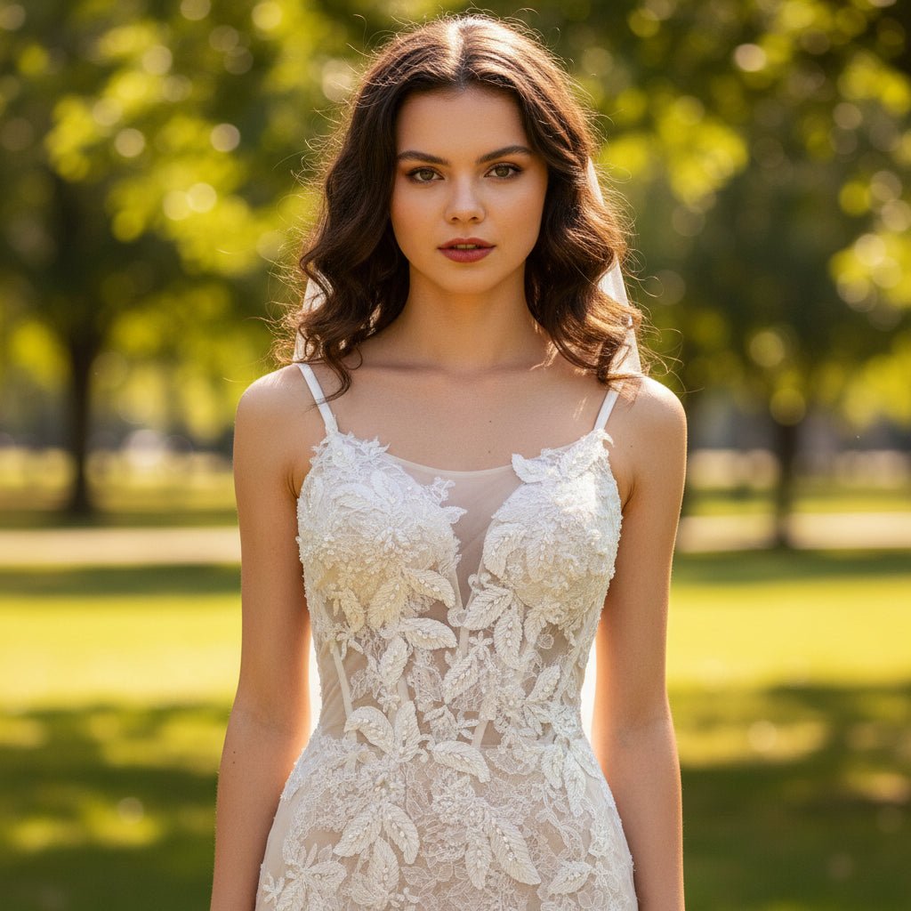 Mermaid Floral Lace Tulle Wedding Dress with Narrow Straps - Rosymae