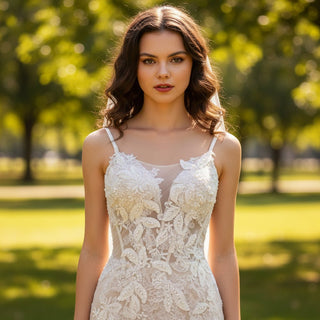 Mermaid Floral Lace Tulle Wedding Dress with Narrow Straps - Rosymae