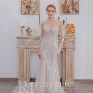 Mermaid Lace Wedding Dresses with High Neck Long Sleeves - Rosymae