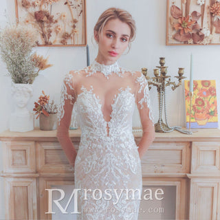 Mermaid Mesh Bodice Chapel Train Tulle Lace Wedding Dress - Rosymae