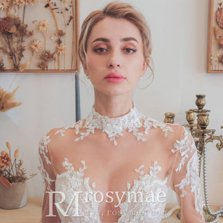 Mermaid Mesh Bodice Chapel Train Tulle Lace Wedding Dress - Rosymae