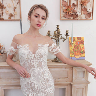 Mermaid Off The Shoulder Lace Wedding Dresses with Court Train - Rosymae