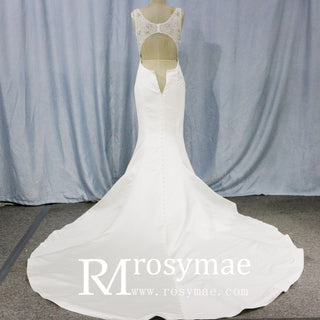 Mermaid Satin Wedding Dress with Tank Straps and Deep V Neck - Rosymae