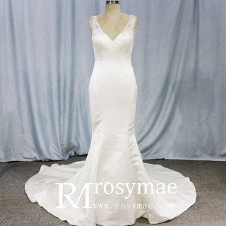 Mermaid Satin Wedding Dress with Tank Straps and Deep V Neck - Rosymae