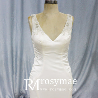Mermaid Satin Wedding Dress with Tank Straps and Deep V Neck - Rosymae
