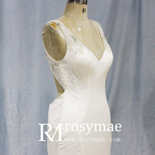 Mermaid Satin Wedding Dress with Tank Straps and Deep V Neck - Rosymae