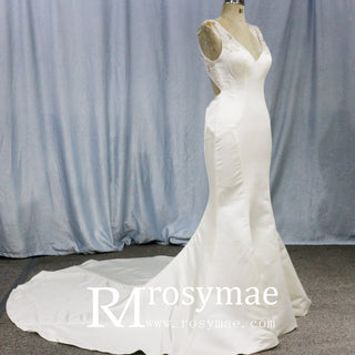 Mermaid Satin Wedding Dress with Tank Straps and Deep V Neck - Rosymae