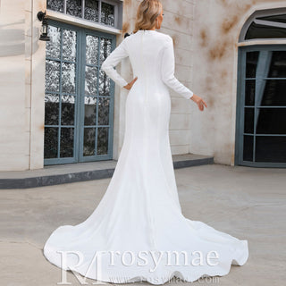 Mermaid Satin Wedding Dress with V Neck and Long Sleeves - Rosymae