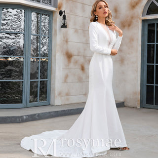 Mermaid Satin Wedding Dress with V Neck and Long Sleeves - Rosymae