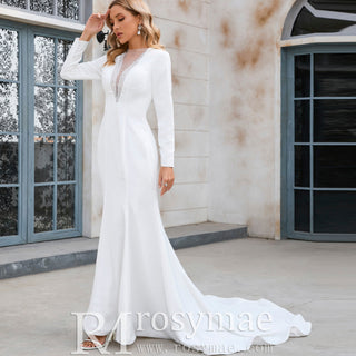 Mermaid Satin Wedding Dress with V Neck and Long Sleeves - Rosymae