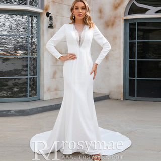Mermaid Satin Wedding Dress with V Neck and Long Sleeves - Rosymae