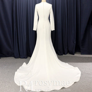 Mermaid Satin Wedding Dress with V Neck and Long Sleeves - Rosymae