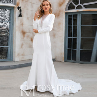 Mermaid Satin Wedding Dress with V Neck and Long Sleeves - Rosymae