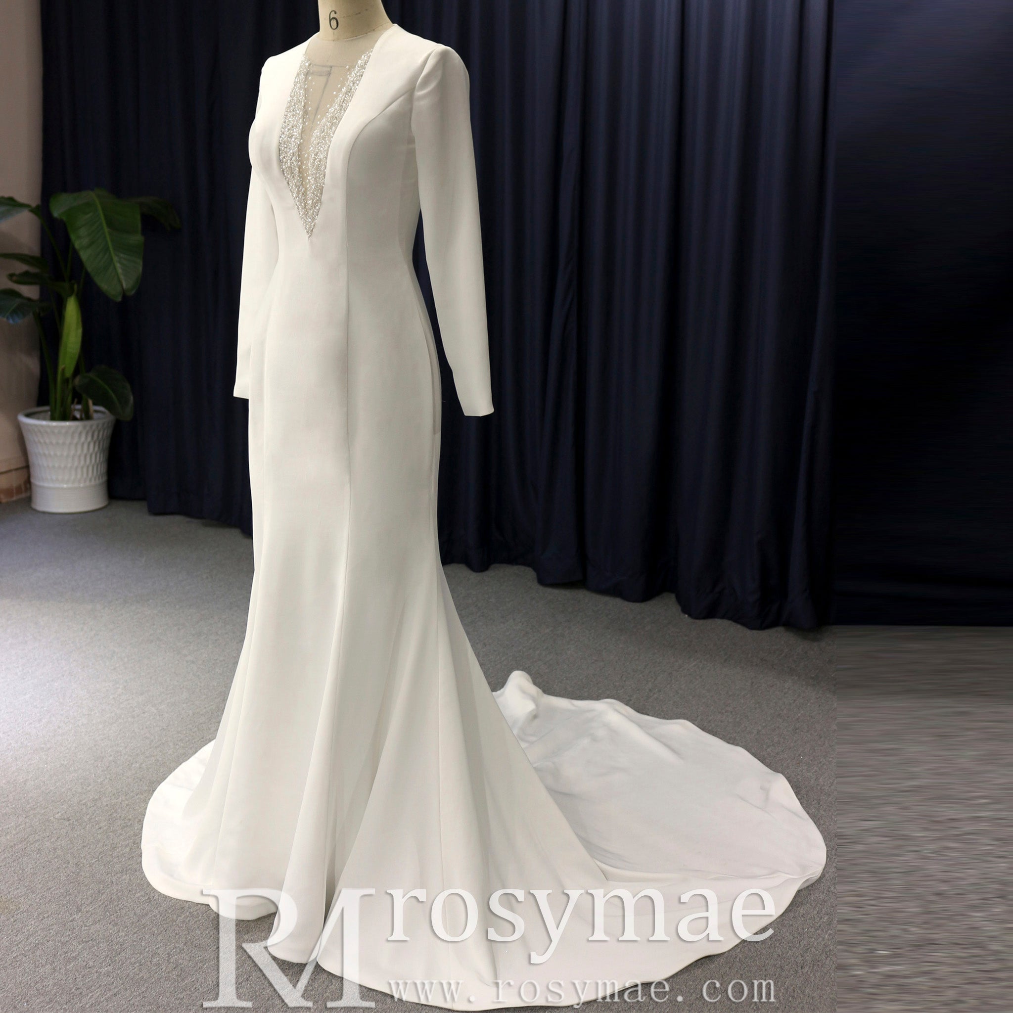 Mermaid Satin Wedding Dress with V Neck and Long Sleeves - Rosymae