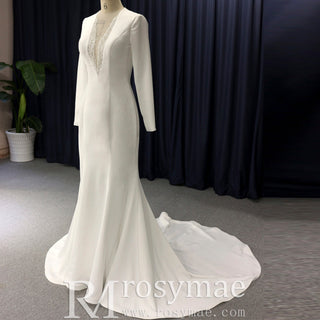 Mermaid Satin Wedding Dress with V Neck and Long Sleeves - Rosymae